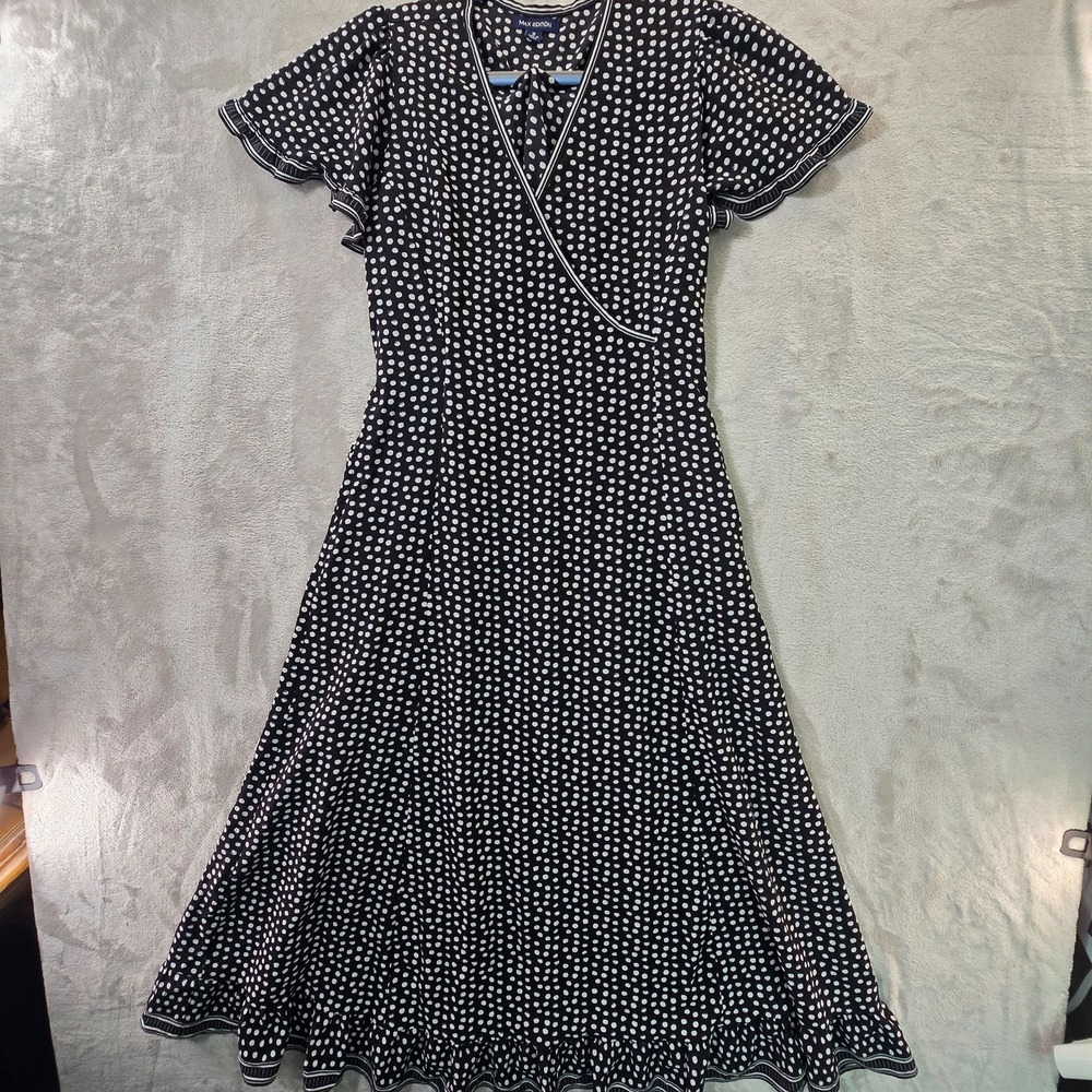 Max Edition Fit & Flare Midi Dress Womens M Black White Polka Dot Flutter Sleeve